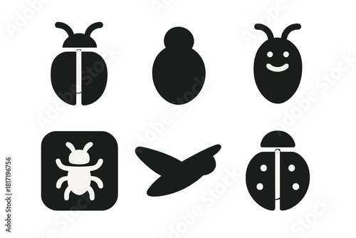 Abstract Insect Icons. Solid style icons of rebranded insect identity: abstract bug logo, cricket symbol without legs,