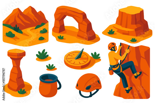 Mountain Adventure Icons. Isometric vector illustration set Mountain landscapes – desert mountain pass, sandstone arch, plateau;