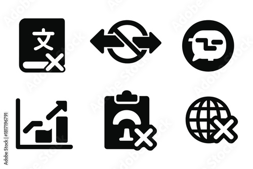 Anti-Translation Icons. Solid style icons of anti-translation practices: crossed dictionary glyph, blocked arrows icon,
