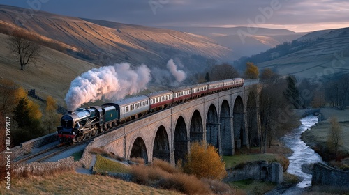 Wallpaper Mural Vintage steam locomotive travels along stone viaduct over serene countryside river Torontodigital.ca