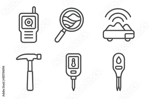 Surface Exploration Tools Icons. Line style icons of tools for surface exploration: oxygen tracker device, terrain mapping lens,