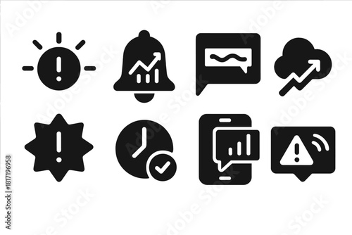 Real-Time Procurement Alerts. Solid style icons of real-time procurement alerts: instant alert symbol, notification bell with