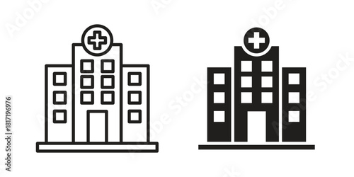 Hospital icon flat and thin stroke vector pack. Editable icons set