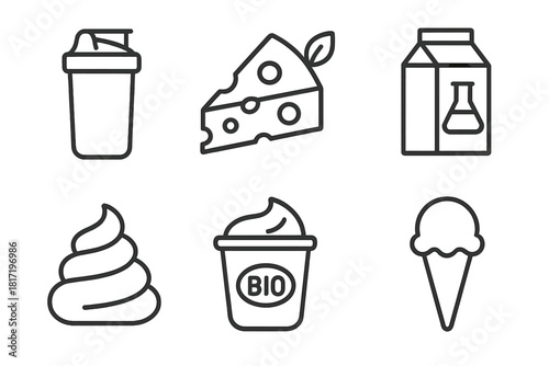 Precision Dairy Icons. Line style icons of precision dairy products: whey protein shaker, vegan cheese slice, lab milk carton,