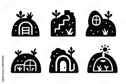 Underground Living Ecosystems. Solid style icons of underground living ecosystems: root-vault shelter, layered eco-chamber,