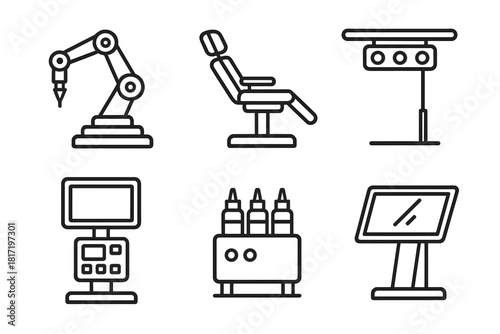 Robotic Tattoo Studio Icons. Line style icons of robotic tattoo studio setup: robotic arm on stand, client chair platform, control