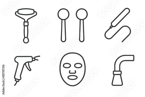 Cryo Facial Icons. Line style icons of cryo facial therapy tools: metal facial roller, ice globe applicators, cold wand with wire,