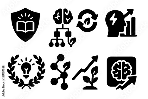 Knowledge System Icons. Solid style icons of knowledge systems that grow under stress: learning from disruption badge, adaptive