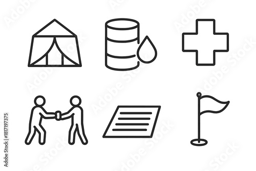 Race Checkpoint Icons. Line style icons of race checkpoints: tent station icon, water refill barrel, medical aid cross, volunteer