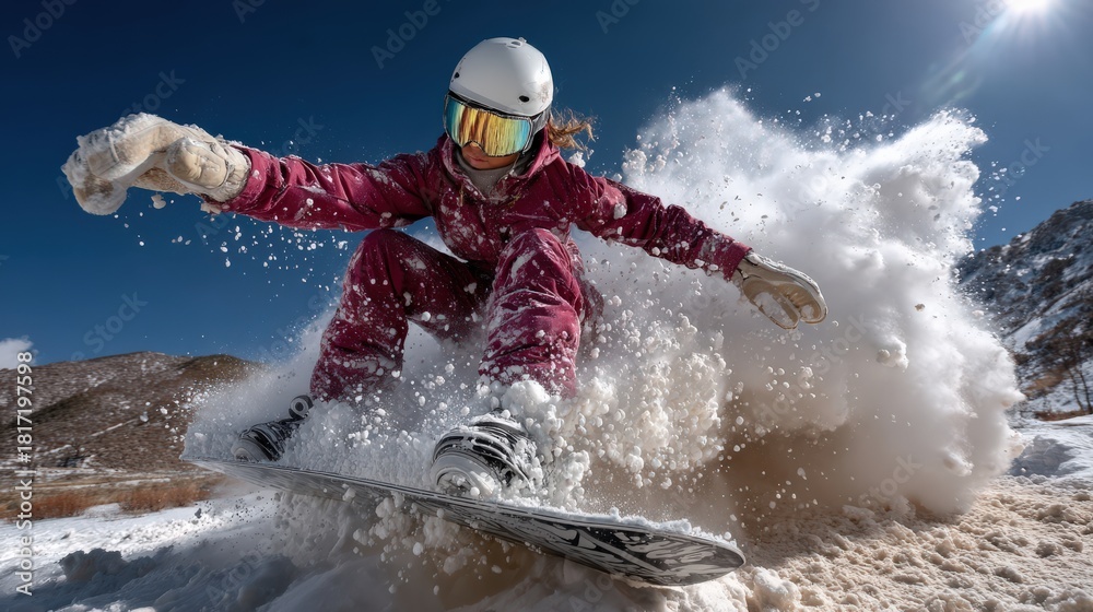 Naklejka premium Snowboarder in Red Suit Soars Through Air Against Clear Blue Sky