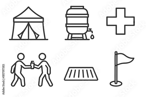 Race Checkpoint Icons. Line style icons of race checkpoints: tent station icon, water refill barrel, medical aid cross, volunteer