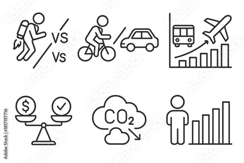 Jetpack Commute Analysis. Line style icons of jetpack commute comparison: jetpack vs car icon, jetpack vs bike symbol, transit vs