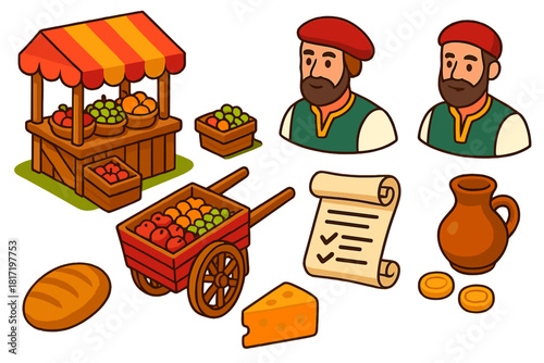 Medieval Market Icons. Isometric vector illustration set Comic book elements – medieval market, fruit stall, wooden cart; merchant