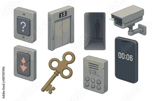 Urban Legends Vector Art. Isometric vector illustration set of Urban legends: mystery elevator button, floor that doesn’t exist,
