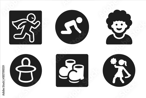 Comical Costume Icons. Solid style icons of comical or costume races: superhero backward run icon, costume trip badge, funny wig