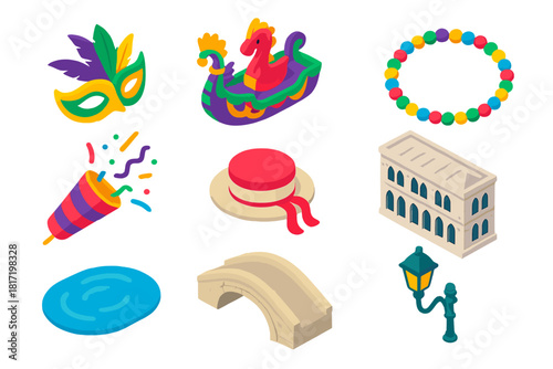 Venetian Cultural Heritage Icons. Isometric vector illustration set Cultural heritage – Venetian mask, carnival float, glass bead