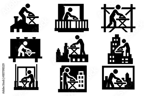 Urban Ironing Icons. Solid style icons of urban ironing stunts: rooftop ironing icon, balcony press symbol, scaffolding ironing
