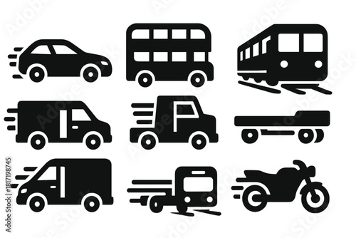 Stunt Vehicle Icons. Solid style icons of stunt vehicles in motion: speeding car icon, open-top bus badge, moving train slab.