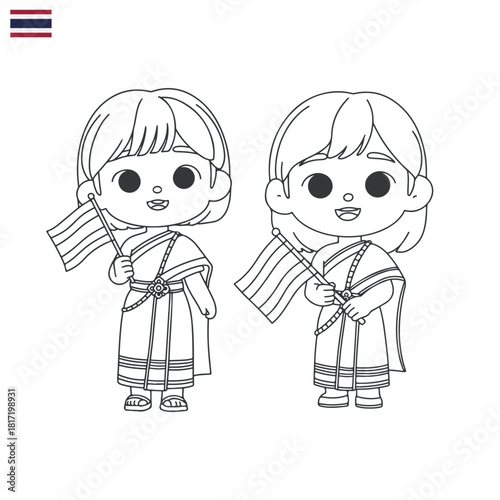 Illustration featuring two cute, chibi-style characters. They are both dressed in traditional Thai clothing and are holding Thai flags lineal hand-drawn