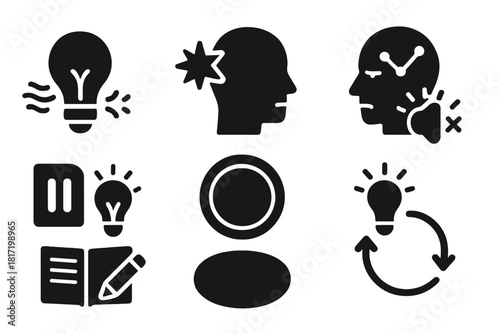 Icons of Creative Clarity. Solid style icons of creative clarity for leaders: idea bulb with breath icon, silence-fueled spark,