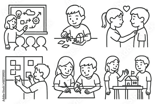 K-12 Design Icons. Line style icons of design thinking in K-12 education: classroom sketch wall, young student prototyping,