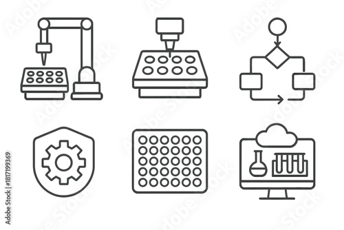 Biofoundry Automation Icons. Line style icons of biofoundries and automation: robotic pipetting arm, automated assay icon,