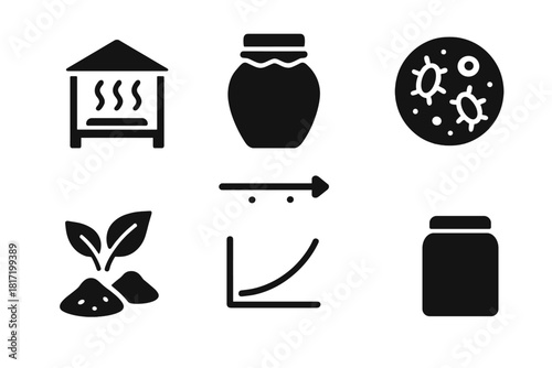 Tea Fermentation Icons. Solid style icons of tea fermentation and preservation: fermentation chamber, aging jar icon, shelf life