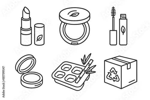 Eco-Friendly Makeup Icons. Line style icons of biodegradable makeup packaging: cardboard lipstick container, bamboo compact case,