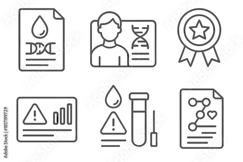 Epigenetics Line Icons. Line style icons of clinical epigenetics: diagnostic biomarker report, patient gene profile, clinical