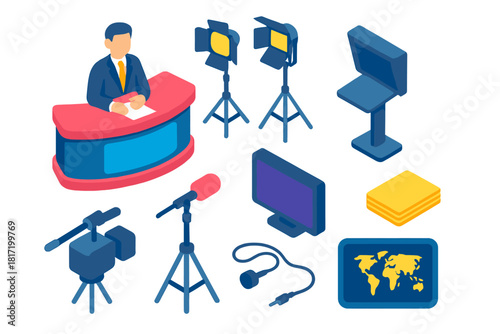News Studio Icons. Isometric vector illustration set News and media – news anchor desk, studio lights, teleprompter; microphone