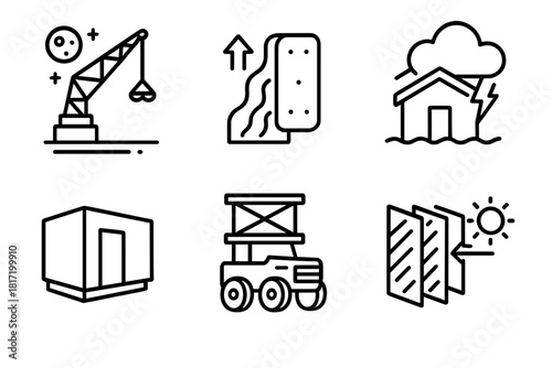 Construction Icons. Line style icons of construction in harsh environments: space crane icon, thermal insulation material,