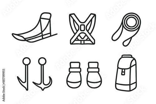 Dog Sledding Gear Icons. Line style icons of dog sledding equipment: sled with runners, dog harness, gangline rope, snow hooks,