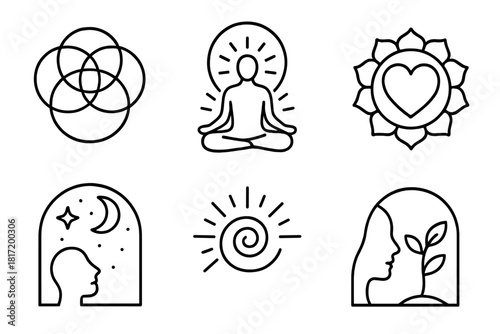 Psychedelic Spiritual Icons. Line style icons of spiritual dimensions in psychedelic work: sacred geometry, meditative posture in