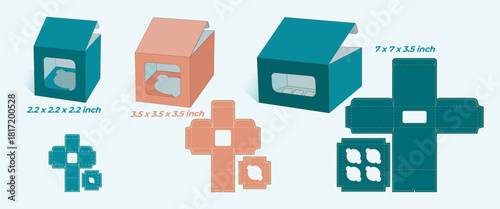 Cupcake Box Packaging Set Template and 3D Mockup for gift and product presentation, including cupcake inserts