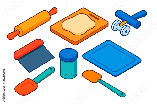 Vibrant Baking Tools. Isometric vector illustration set Baking tools – rolling pin, pastry board, dough cutter; bench scraper,