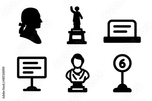 Cemetery Icons. Line style icons of Cemetery Tourism: historical figure silhouette, statue base, nameplate engraving, info placard