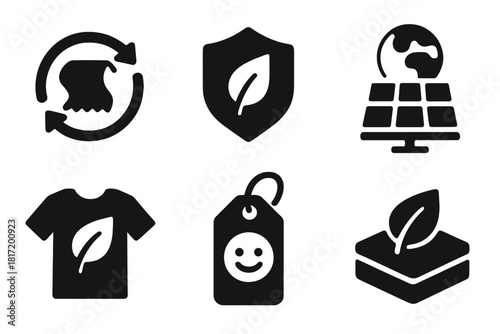 Recycled Dye Icons. Solid style icons of recycled smart dyes: reused fabric icon, eco-reactive badge, sustainability panel.