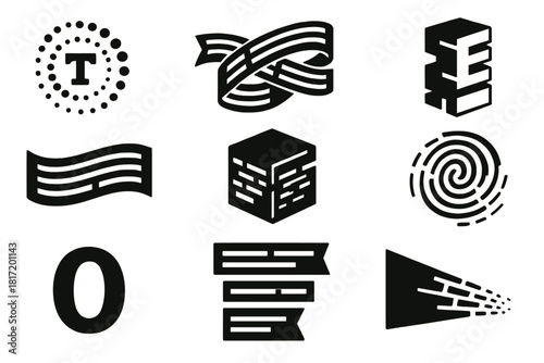 Quantum Poetry Icons. Solid style icons of quantum visual poetry: particle swirl typography, entangled sentence strip, fragmented