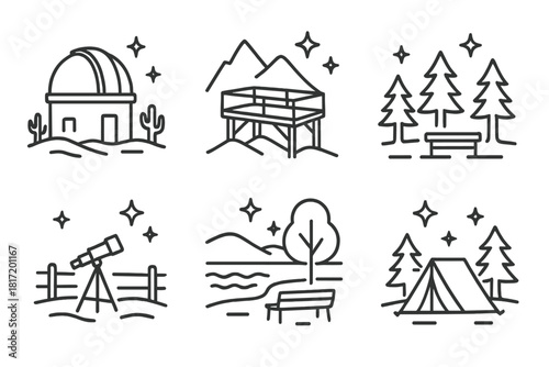 Dark Sky Icons. Line style icons of dark sky locations: desert observatory dome, mountain sky deck, forest clearing for stars,