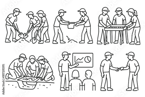 Line Style Teamwork Icons. Line style icons of teamwork in the field: dig team icon, student passing bucket, group sifting station