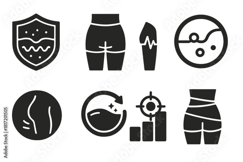 Cellulite Therapy Icons. Solid style icons of targeted cellulite therapy: dimple zone badge, thigh area focus icon, rear-leg pulse