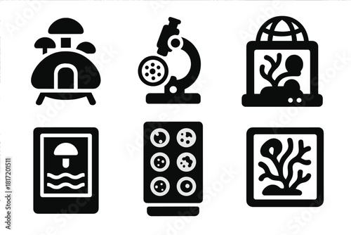 Myco-Architecture Icons. Solid style icons of myco-architecture labs: mushroom-growing lab pod, spore analysis slab, bio-structure