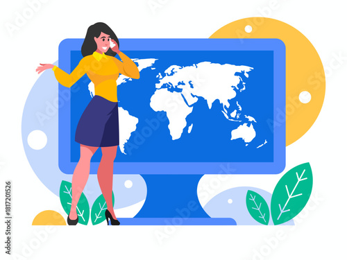 Roaming around the world. Businesswoman talking on smartphone with client or customer. Smiling woman employee have cellphone conversation. Business communication. World map on computer display