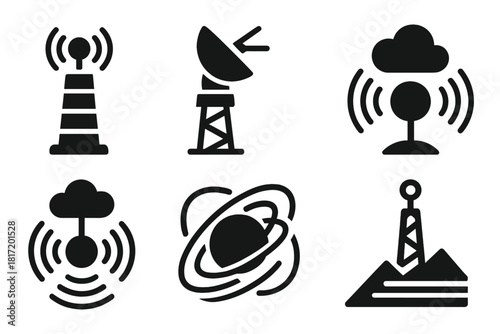 Weather Detection Icons. Solid style icons of weather detection beacons: signal towers, scanning rays, echo pulses. Sonic cloud
