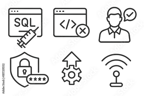 Ethical Hacking Icons. Line style icons of ethical hacking techniques: SQL injection test, cross-site scripting (XSS), social