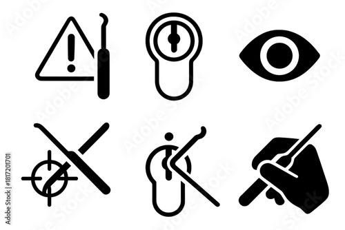 Competitive Lockpicking Icons. Line style icons of Competitive Lockpicking: lockpick safety guide, keyway close-up, audience eye