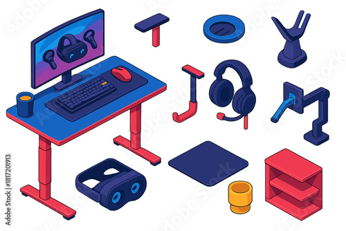VR Gaming Setup. Isometric vector illustration set VR gaming setup – gaming desk, adjustable height frame, cable grommet; mouse