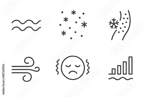 Cooling Sensations Icons. Line style icons of cooling textures and sensations: cold wave icon, snow mist particles, frost dots on