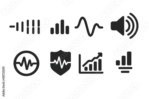 Sound Wave Icons. Solid style icons of sound wave types: longitudinal wave icon, compressional pattern, transverse wave in 3D.