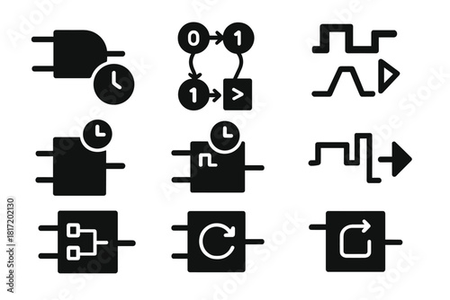 Temporal Logic Icons. Solid style icons of temporal logic circuits: logic gate with clock icon, flip-flop state diagram,